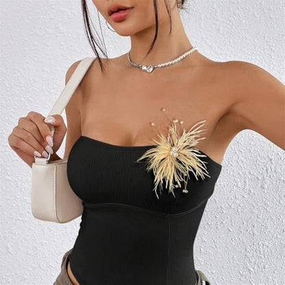 Elegant Feather Flower Pearl Cz Large Brooch Pin for Women Men Rhinestone Crystal Floral Lapel Pins Wedding Party Banquet Dress Suit Clothes Accessories Fashion Jewelry 180mm - color: Khaki