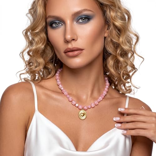 Chunky Beaded Necklaces for Women Trendy Colorful Acrylic Bead Statement Necklace Puffy Heart Pendent Necklaces for Women Boho Fashion Jewelry - color: K-pink