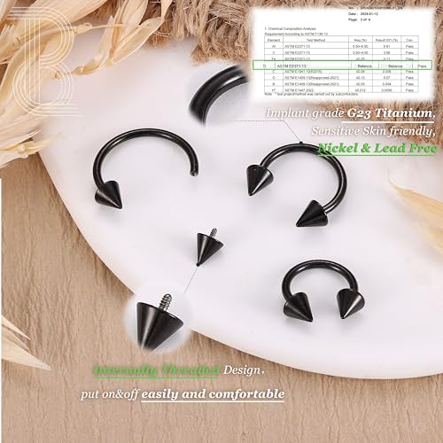 G23 Titanium 14/16/18/20G Septum Rings Horseshoe Nose Ring Jewelry | 2/3Pcs Circular Barbell Spike Lip Body Piercing Jewelry Conch Helix Tragus Earring Silver/Black 8/10/12mm 14K Gold Plated - color: Black-3pcs, size: Spike-3pcs-16g-8/10/12mm