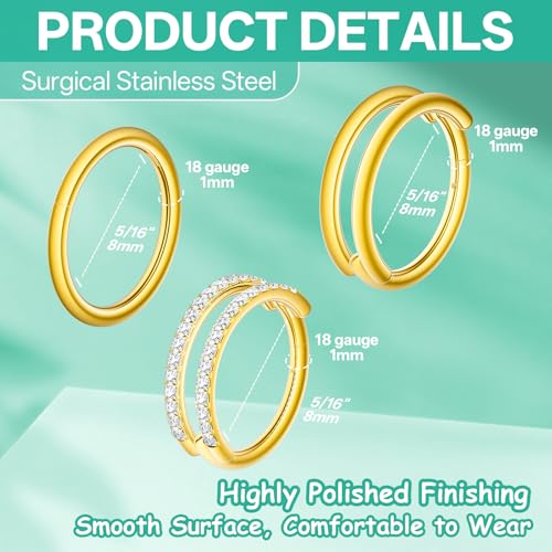 davka Nose Ring Set, 18G Hinged Hoop 8mm & 20G Nose Studs, Stainless Steel & Gold Plated, Hypoallergenic, Multiple Styles Nose Piercing Jewelry - color: Gold/3Pcs Hoops/18gauge 8mm/Set A