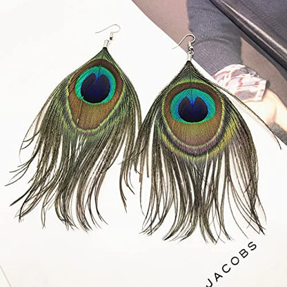 Peacock Feather Earrings for Women Native Handmade Lightweight Long Peacock Feather Boho Hook Earring Prom Party Festival Jewelry - color: Peacock Feather