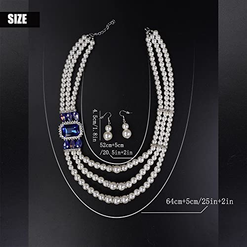 Aimimier 1920s 3-layered White Faux Pearl Necklace and Earrings Set with Crystal and Rhinestone Bridal Long Pearl Necklace Statement Women Jewelry - color: Royal blue