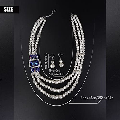 Aimimier 1920s 3-layered White Faux Pearl Necklace and Earrings Set with Crystal and Rhinestone Bridal Long Pearl Necklace Statement Women Jewelry - color: Royal blue