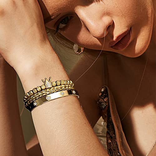 3pcs/set Classical Handmade Braiding Bracelet Hip Hop Men Pave CZ Leopard Head Roman Numeral Bracelet Stainless Steel Jewelry - color: 3pcs K Gold