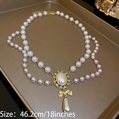 Women Bridal Vintage 1920s Imitation Pearl Necklace Layered Tassels Shiny Bow Choker Necklace Fashion Simple Necklaces for Women Party