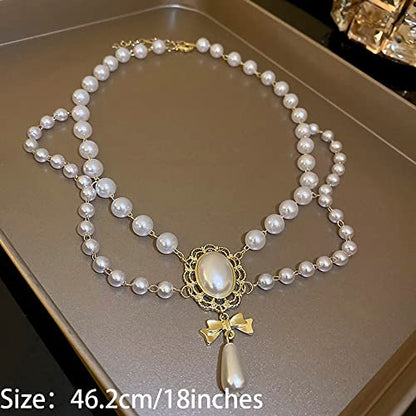Women Bridal Vintage 1920s Imitation Pearl Necklace Layered Tassels Shiny Bow Choker Necklace Fashion Simple Necklaces for Women Party
