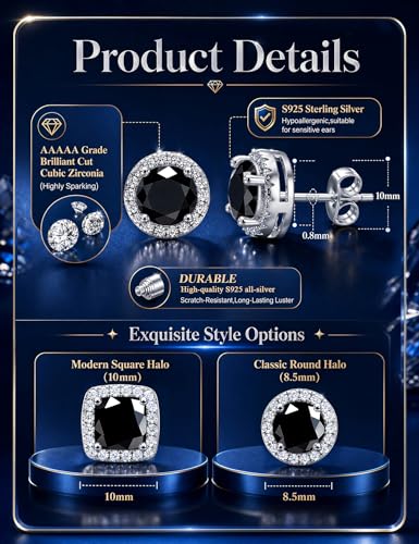 2 Pairs S925 Sterling Silver Stud Earrings for Women Halo Cubic Zirconia | 14K Gold Plated Hypoallergenic Non Tarnish Round Square Silver Stud Earring for Women Men Dainty Trendy Jewelry - style: Silver-Black Stone
