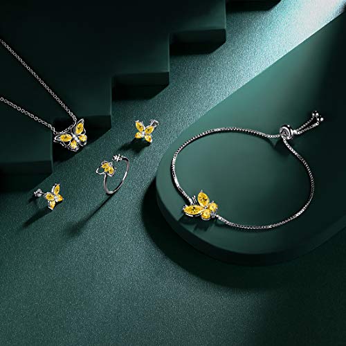 925 Sterling Silver Birthstone Butterfly Jewelry Women Crystal Animal Cute Butterflies Birthday Necklace/Earring/Ring/Bracelet Sets Birth Stone Statement Anniversary Jewellery - color: 3-K.November-Citrine