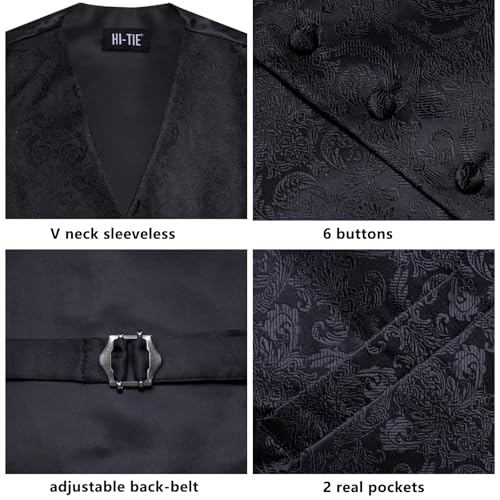 Hi-Tie Silk Mens Suit Vest Tie and Bowtie Lapel Pin Gold Tie Clip Paisley Floral Waistcoat 8PCS Set Tuxedo Wedding Party - color: Black, size: Large