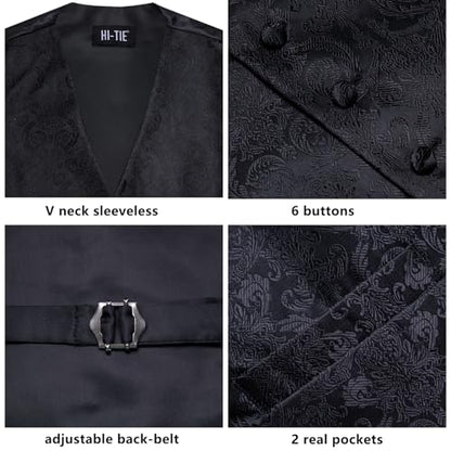 Hi-Tie Silk Mens Suit Vest Tie and Bowtie Lapel Pin Gold Tie Clip Paisley Floral Waistcoat 8PCS Set Tuxedo Wedding Party - color: Black, size: Large
