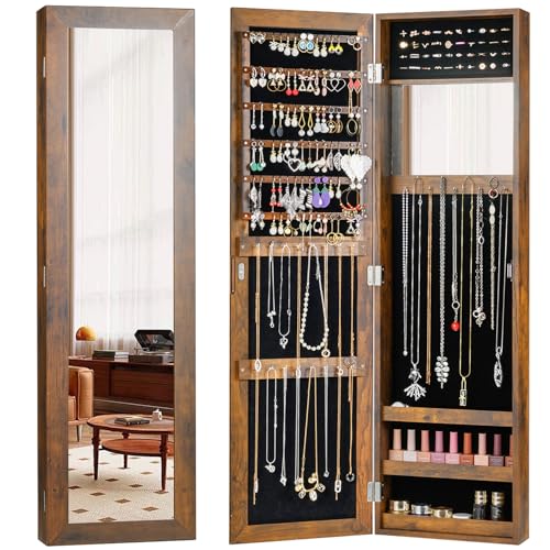 Giantex Wall Mounted Jewelry Cabinet with Full Length Mirror, Over The Door Jewelry Armoire Organizer with Large Storage, Makeup Mirror & Velvet Lining (Rustic Brown) - color: Rustic Brown