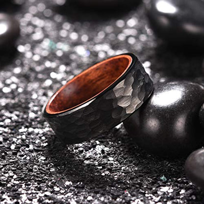 King Will Hammered 8mm Silver Tungsten Ring Hammer Men Wedding Band Comfort Fit - color: wood-black