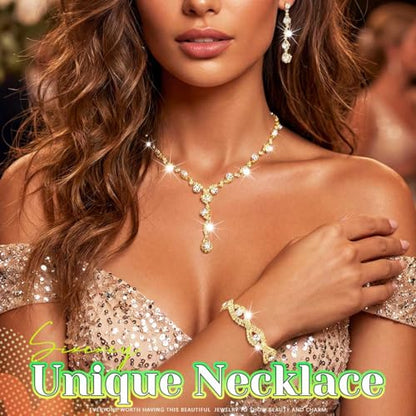 Sixexey Rhinestone Jewelry Set Bridal Necklaces Clip On Earrings Set Wedding Prom Jewelry Accessories for Women - color: Gold