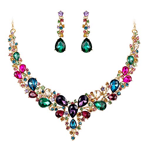 Women's Wedding Statement Necklace Dangle Earring Jewelry | Austrian Crystal Teardrop Cluster,Necklaces Earrings Set for Bride Bridesmaid,Prom Accessories - color: 11-Multicolor Gold-Plated-Base