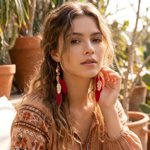 FRESHME Native American Earrings for Women - Ethnic Boho Feather Dangle Jewelry with Tessel for Birthday Party Photoshoot - color: Red