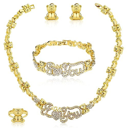 African Necklace Set Hugs and Kisses Gold Jewelry Sets For Women 18k Gold/Silver Filled LOVE Necklaces Jewelry Sets Wedding Jewelry Necklace Earrings Bracelet Ring Gifts - color: Gold