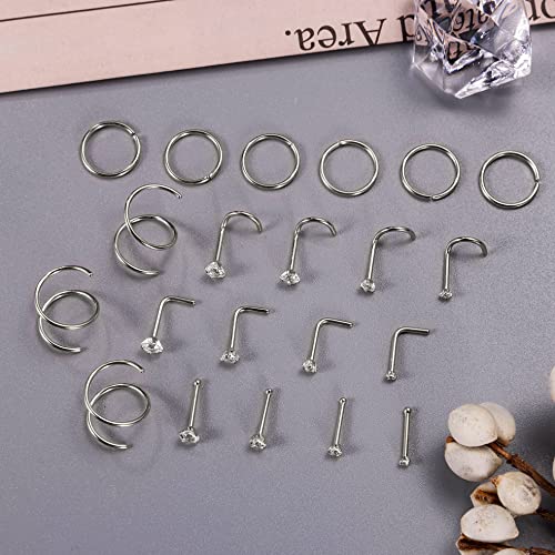 21PCS 18G 20G 22G 316L Stainless Steel Nose Rings Hoop for Women Men Double Nose Ring CZ Nose Stud Piercing Jewelry - color: 18G-Sliver tone
