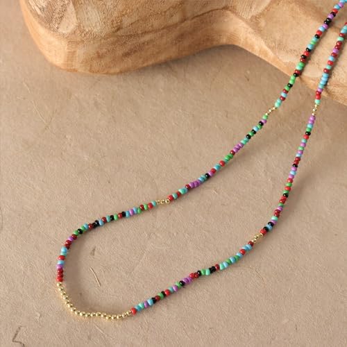 Gold Seed Beaded Necklaces for Women, Boho Handmade Adjustable Colorful Beads Choker Summer Beach Jewelry Gift. - color: Turquoise