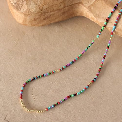 Gold Seed Beaded Necklaces for Women, Boho Handmade Adjustable Colorful Beads Choker Summer Beach Jewelry Gift. - color: Turquoise