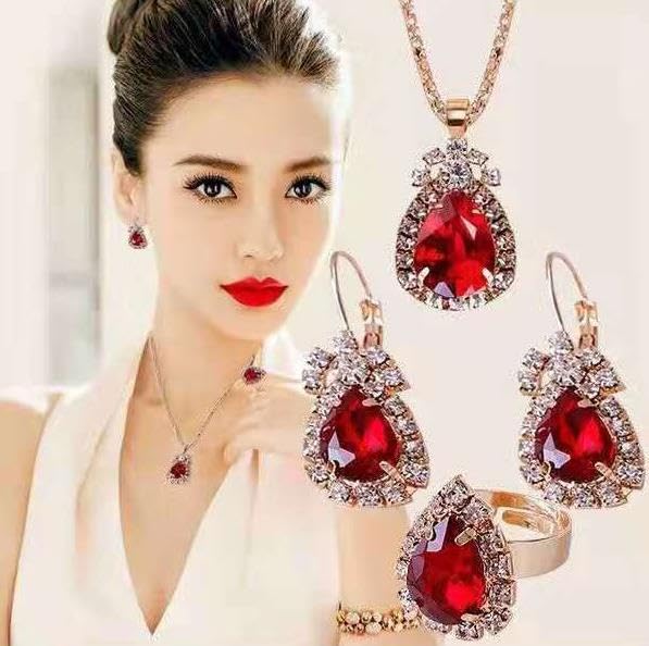MALOYANVE 4PCS Crystal Heart Jewelry Set Glitter Gold Cubic Zirconia Love Heart Pendant Necklace Lightweight Hoop Earrings Bangle Bracelet Adjustable Open Ring Prom Wedding Jewelry for Women - color: Red