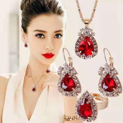 MALOYANVE 4PCS Crystal Heart Jewelry Set Glitter Gold Cubic Zirconia Love Heart Pendant Necklace Lightweight Hoop Earrings Bangle Bracelet Adjustable Open Ring Prom Wedding Jewelry for Women - color: Red