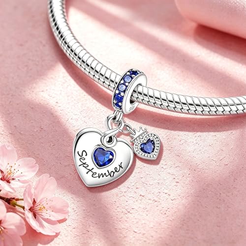 BLUELUNE Birthstone Charms, 925 Sterling Silver Dangle Charm with 5A Cubic Zirconia for Bracelets or Necklaces, Birthday, Mother's Day Present for Women - color: September