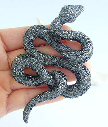 Classic 3.94" Unique Animal Snake Brooch Pin Pendant Austrian Crystal BZ5847 - color: Black-Tone Black Gray