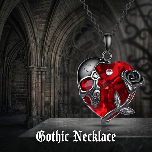 Gothic Necklace 18K Black Gold Plated Black Rose Rib Cage Heart Crystal Pendant Necklace Goth Skull Skeleton Jewelry Gifts for Women Halloween Gothic Party - color: Skull