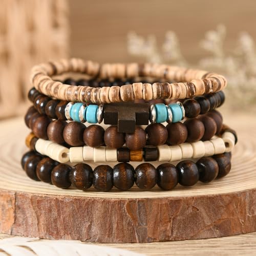 5pcs Wooden Bead Bracelet Set with Charm and Tassel for Men & Women - Stackable Boho Bracelets, Amber Color Scheme Adjustable Bracelet - color: Brown Blue White