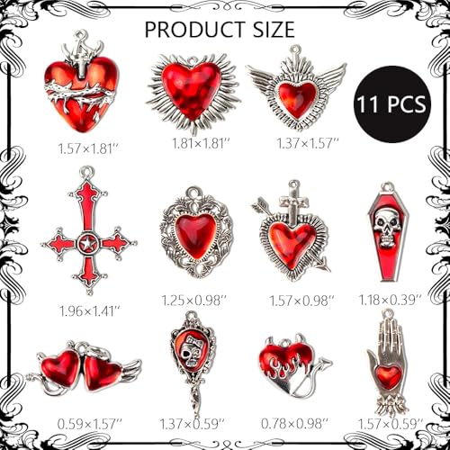 Giata11 Pcs Large Gothic Style Black Cross Skull Tombstone Heart Pendants Goth Halloween Charms for Jewelry Pendants Making DIY Craft Supplies - color: Red