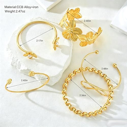 Golden Stackable Bracelets Set for Women Trendy Multi Layer Adjustable Chunk Flower Cuff Bracelet Geometric Irregular Wave Statement Bangle Glamour Stacking Cuff Jewelry - color: Gold-B