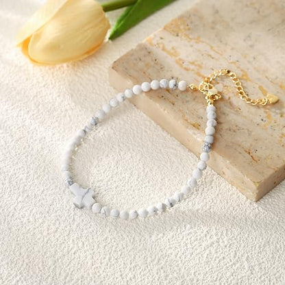 Starain Stone Beaded Anklets for Women Handmade Beach Turquoise Beads Ankle Bracelet Trendy Boho Cross Bead Anklet Jewelry 8 inch Adjustable - color: White