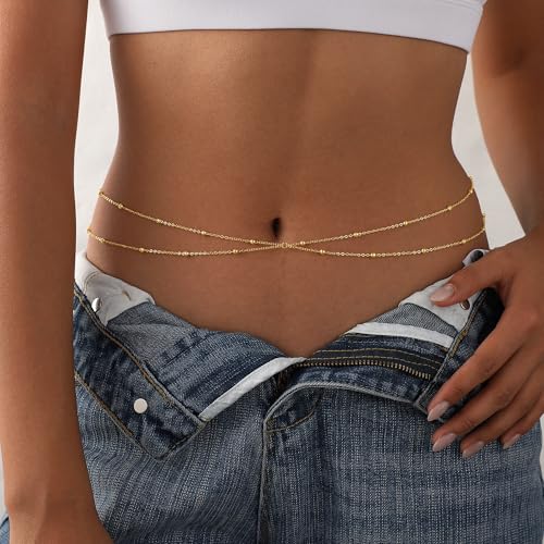 Waist Chain for Women 14K Gold/Silver Plated Body Chain Beads Link Belly Chains Belly Belt Waist Beads Chains Adjustable Sexy Bikini Body Jewelry Daily Belts Gifts for Women - style: Layered Beads-GD