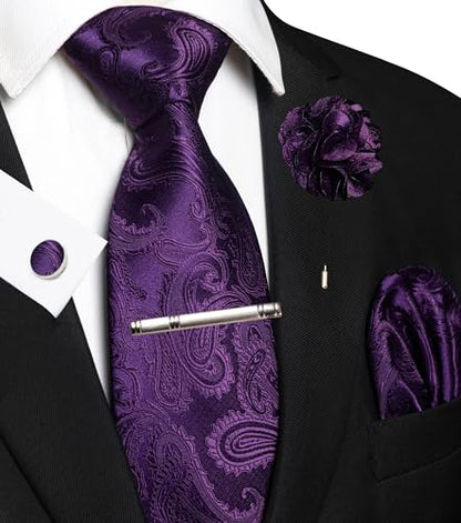 JEMYGINS Mens Paisley Tie and Pocket Square,Lapel Pin,Cufflinks,Tie Clip Sets with Gift Box 5PCS - color: Dark Purple