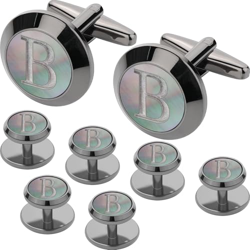 Cuff Links Mens and Tuxedo Studs Set, TAIGRAMA Gun Black Cufflinks for Men and Tuxedo Buttons Initial Tux Shirt Studs Personality Black Mother of Pearl for Formal Shirt Kit Business or Wedding - style: Letter B