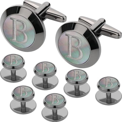 Cuff Links Mens and Tuxedo Studs Set, TAIGRAMA Gun Black Cufflinks for Men and Tuxedo Buttons Initial Tux Shirt Studs Personality Black Mother of Pearl for Formal Shirt Kit Business or Wedding - style: Letter B