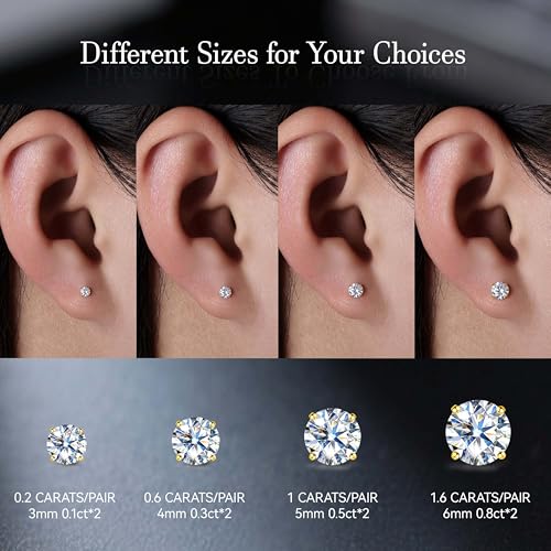 Limerencia Moissanite Internal Thread 18G Titanium Earrings, Hypoallergenic F136 Titanium Flat Back Piercing Studs, VVS1 Lab-created Moissanite Studs for Women Men Tragus Helix Cartilage Conch Labret - color: Gold, size: 6mm-1.6ct(0.8ct Each)