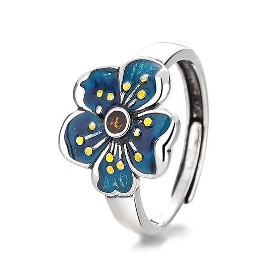 HAIXIAN Forget-Me-Not Flower Statement Ring, Silver Plated Enamel Band, Colorful Floral Design - color: Ring_B_blackish