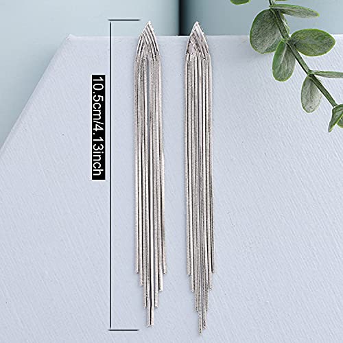 14k Gold Long Tassels Chain Dangle Drop Earrings for Women Black Silver Punk Sleek Metal Chain Earrings Wedding Bridesmaid Jewelry - color: Silver