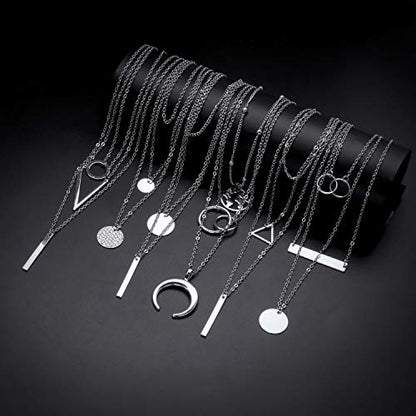 6 Pieces Layered Necklaces For Women Long Necklaces Gold Choker Necklaces Map Coin Bar Crescent Moon Necklace Layered Y Pendant Necklace Multilayer - color: sliver