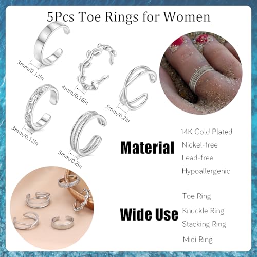 5Pcs Toe Rings for Women | Adjustable Toe Rings,Non Tarnish Ring,Open Band Toe Rings Set Summer Beach Gifts - color: Silver