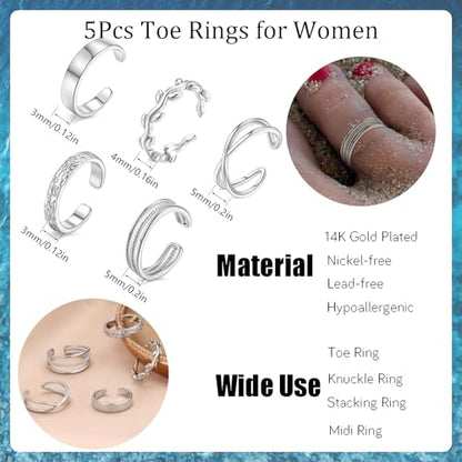 5Pcs Toe Rings for Women | Adjustable Toe Rings,Non Tarnish Ring,Open Band Toe Rings Set Summer Beach Gifts - color: Silver