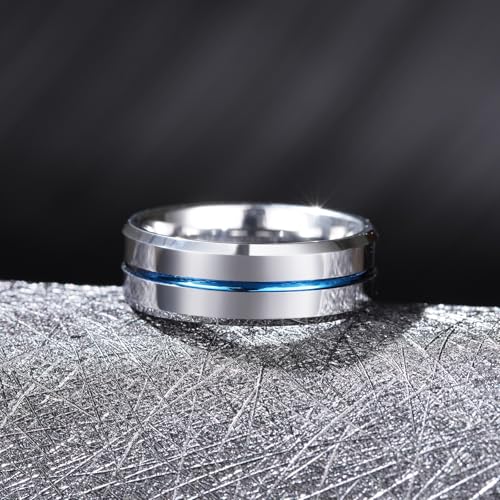 King Will Mens Tungsten Rings for Men Two Tone Grooved Mens Wedding Band Cool - color: Silver & Blue 8mm