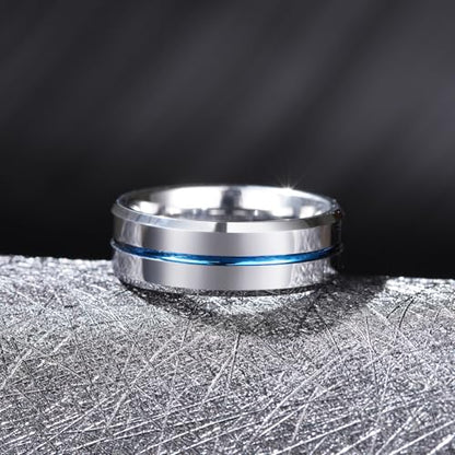King Will Mens Tungsten Rings for Men Two Tone Grooved Mens Wedding Band Cool - color: Silver & Blue 8mm