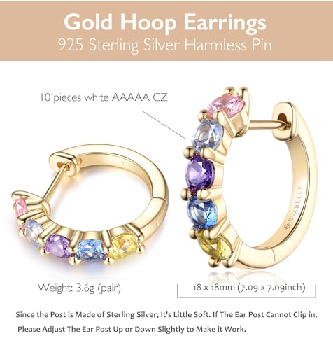 Evabelle Gold Hoop Earrings for Women 14K Real Gold Plated Cubic Zirconia Diamond Hoop Earrings Huggie Hoop Earring Women Earrings Earring for Men 925 Sterling Silver Post Hypoallergenic - color: Hoops 04-Colorful-14K Gold Plated