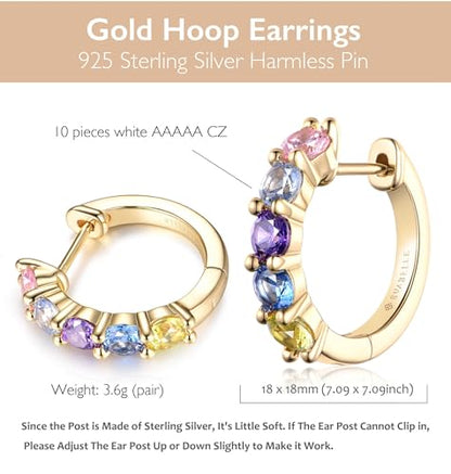 Evabelle Gold Hoop Earrings for Women 14K Real Gold Plated Cubic Zirconia Diamond Hoop Earrings Huggie Hoop Earring Women Earrings Earring for Men 925 Sterling Silver Post Hypoallergenic - color: Hoops 04-Colorful-14K Gold Plated