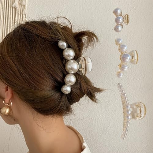 4PCS Multi-Size Faux Pearl Hair Claw Clips Set - Adjustable French Barrettes for Thick/Thin Hair, Wedding/Party Hair Accessories with 4 Different Sizes