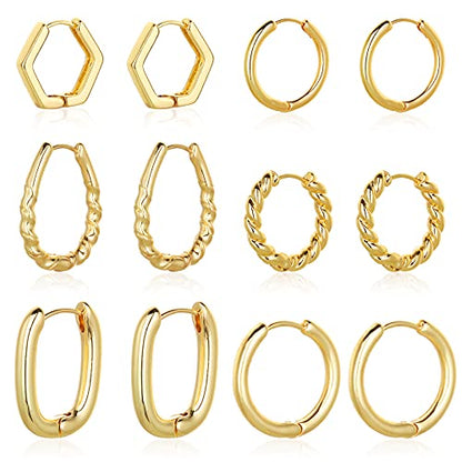 Wgoud 6 Pairs Chunky Gold Hoop Earrings for Women, 14K Gold Plated Hoop Earrings Hypoallergenic, Thick Lightweight Twisted Huggie Hoops Earring Set for Women’s Jewelry GIfts - color: 6 Pairs Gold