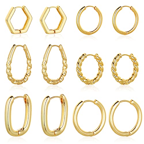 Wgoud 6 Pairs Chunky Gold Hoop Earrings for Women, 14K Gold Plated Hoop Earrings Hypoallergenic, Thick Lightweight Twisted Huggie Hoops Earring Set for Women’s Jewelry GIfts - color: 6 Pairs Gold