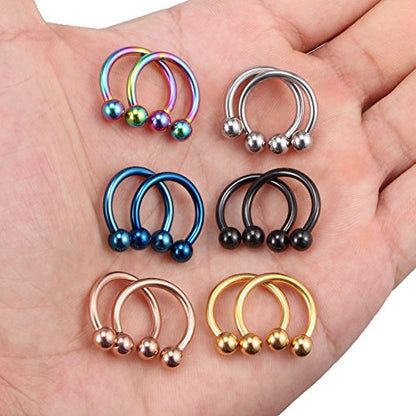 SCERRING 12PCS 10-14mm Stainless Steel Nose Horseshoe Hoop Rings Eyebrow Lip Ear Tragus Septum Piercing Hanger Retainer 16G 14G 12G - style: 12G - Inner Dia. 14mm